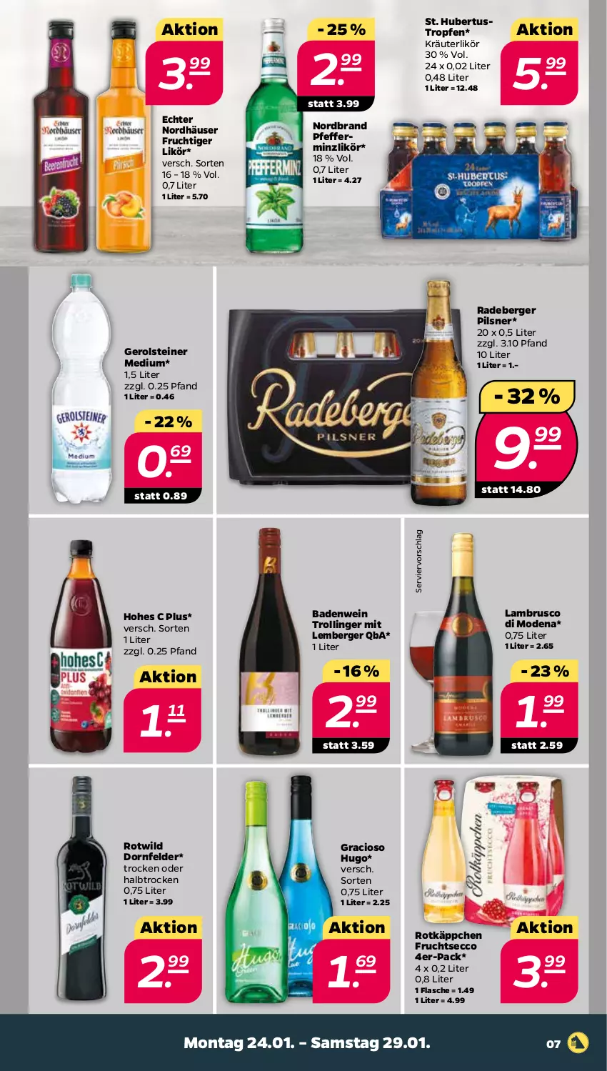 Aktueller Prospekt Netto - Angebote ab Montag - von 24.01 bis 29.01.2022 - strona 7 - produkty: Bad, Berger, dornfelder, ecco, flasche, frucht, fruchtsecco, gerolsteine, gerolsteiner, gracioso, Hohes C, hugo, kräuter, kräuterlikör, Lambrusco, likör, Mode, nordbrand, pfeffer, pfefferminzlikör, pils, pilsner, radeberger, radeberger pilsner, rotkäppchen, steiner, Ti, trolli, trollinger, wein, Wild