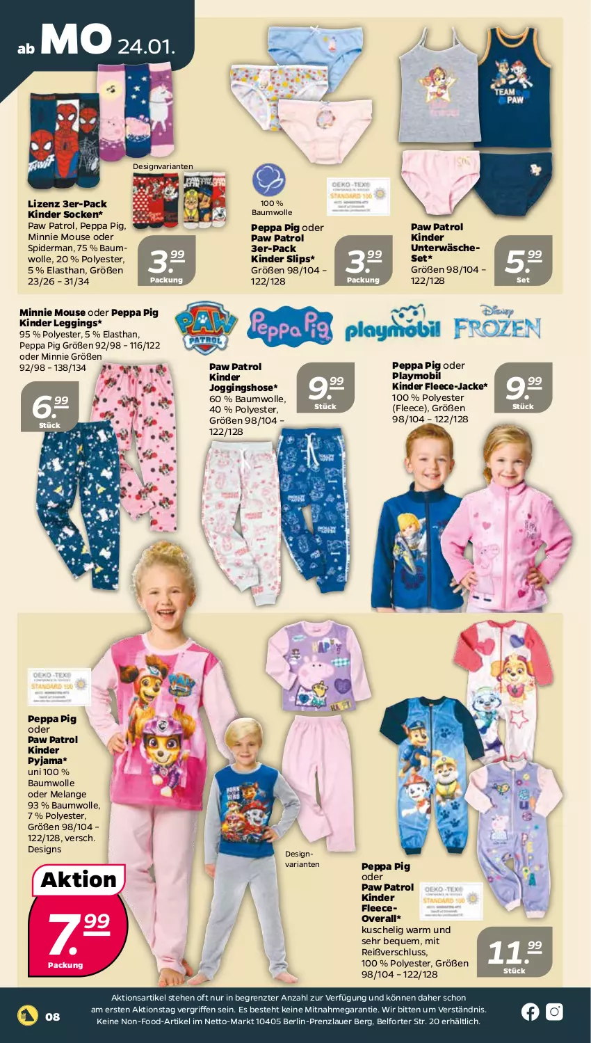 Aktueller Prospekt Netto - Angebote ab Montag - von 24.01 bis 29.01.2022 - strona 8 - produkty: auer, Bau, baumwolle, Elan, gin, hose, Jacke, Kinder, leggings, Overall, Paw Patrol, Peppa Pig, playmobil, Pyjama, Ria, slip, slips, socken, Ti, Unterwäsche, wolle, ZTE