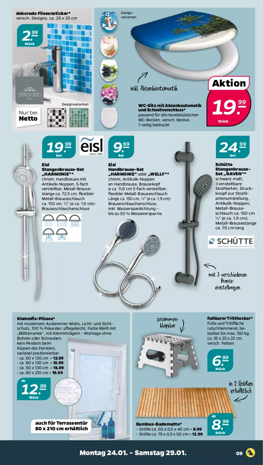 Aktueller Prospekt Netto - Angebote ab Montag - von 24.01 bis 29.01.2022 - strona 9 - produkty: auto, Bad, badematte, bambus, brause, brauseschlauch, eis, fenster, handbrause, hocker, Mode, passend für alle, Ria, schlauch, schrauben, Ti, usb, wasser, wc-sitz