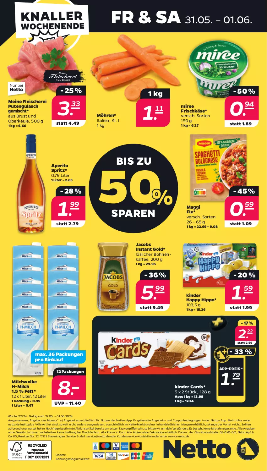 Aktueller Prospekt Netto - Woche 22 - von 27.05 bis 01.06.2024 - strona 32 - produkty: alle artikel ohne dekoration, angebot, bohne, bohnen, bohnenkaffee, coupon, dekoration, eis, elle, fleisch, Fleischerei, frischkäse, gulasch, hipp, jacobs, kaffee, Käse, Kinder, löslicher bohnenkaffee, maggi, maggi fix, milch, miree, möhren, pute, reis, Schere, Ti