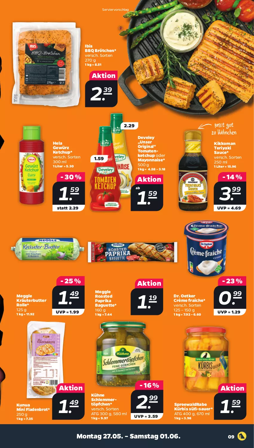 Aktueller Prospekt Netto - Woche 22 - von 27.05 bis 01.06.2024 - strona 9 - produkty: auer, baguette, brot, brötchen, butter, crème fraîche, develey, Dr. Oetker, Fladenbrot, gewürz, gin, Hela, ketchup, kikkoman, kräuter, kräuterbutter, Kühne, Kürbis, mayonnaise, meggle, paprika, sauce, schlemmertöpfchen, Ti, tomate, tomaten, tomatenketchup, Töpfchen, Yo