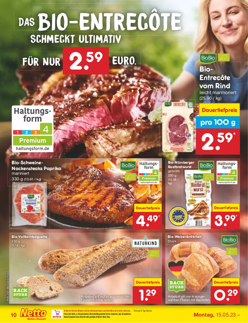 Aktueller Prospekt Netto Marken-Discount - Filial-Angebote - von 15.05 bis 20.05.2023 - strona 10 - produkty: angebot, auer, backofen, baguette, Berger, bestpreis, bio, bratwurst, brötchen, dauertiefpreis, eis, entrecôte, korn, Nackensteak, nackensteaks, ndk, nürnberger, Ofen, paprika, reis, rind, rostbratwurst, schwein, schweine, schweinenacken, steak, steaks, stube, Ti, tiefpreis, wein, weine, weizenbrötchen, wurst, ZTE