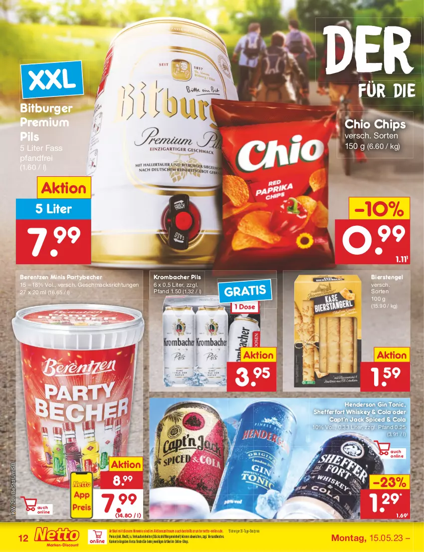 Aktueller Prospekt Netto Marken-Discount - Filial-Angebote - von 15.05 bis 20.05.2023 - strona 12 - produkty: Becher, berentzen, bestpreis, bier, bitburger, burger, Cap, chio chips, chips, cola, eis, enders, Engel, gin, krombache, krombacher, krombacher pils, mac, ndk, pils, premium pils, reis, Ti, tonic, whiskey