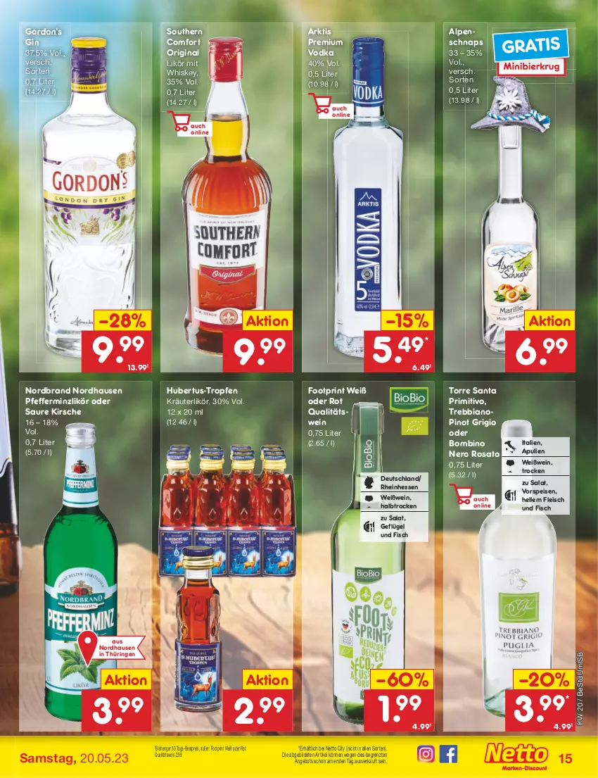 Aktueller Prospekt Netto Marken-Discount - Filial-Angebote - von 15.05 bis 20.05.2023 - strona 15 - produkty: angebot, bestpreis, bier, eis, elle, fisch, fleisch, Geflügel, gin, gordon, Gordon’s, kirsch, kirsche, kräuter, kräuterlikör, likör, nero, nordbrand, pfeffer, pfefferminzlikör, Pinot, pinot grigio, premium vodka, primitivo, qualitätswein, reis, ring, rosato, salat, Southern Comfort, Ti, vodka, vorspeise, wein, Weißwein, whiskey, ZTE