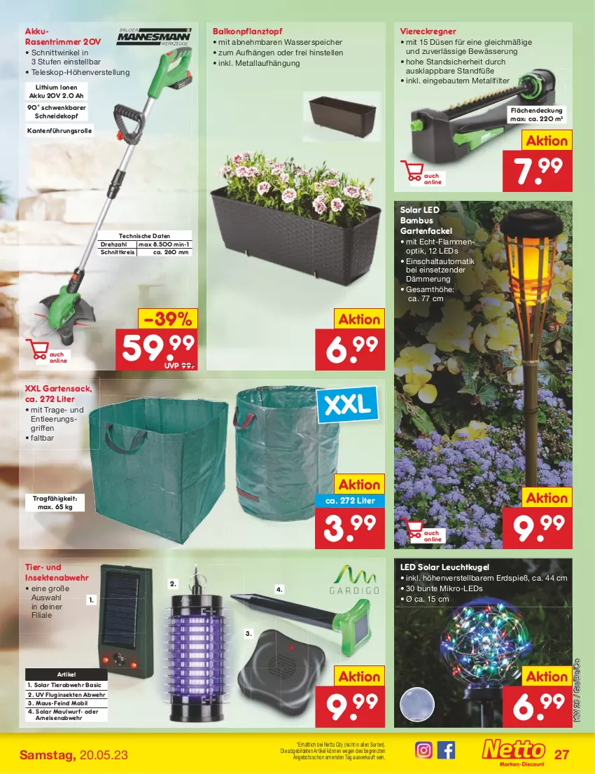 Aktueller Prospekt Netto Marken-Discount - Filial-Angebote - von 15.05 bis 20.05.2023 - strona 27 - produkty: akku, angebot, auto, bambus, Bau, eis, elle, Garten, Gartenfackel, Gartensack, gin, Kugel, lamm, leds, Maus, Pflanztopf, rasen, rasentrimmer, reis, sac, Schal, sekt, Teleskop, Ti, topf, Viereckregner, wasser, ZTE