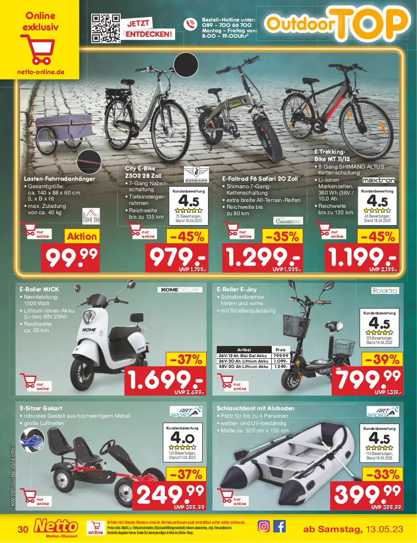 Aktueller Prospekt Netto Marken-Discount - Filial-Angebote - von 15.05 bis 20.05.2023 - strona 30 - produkty: akku, angebot, angebote, Anhänger, Brei, decke, E-Bike, E-Roller, eis, elle, Fahrrad, Kette, ndk, reifen, reis, Roller, Schal, schlauch, shimano, Ti, uhr