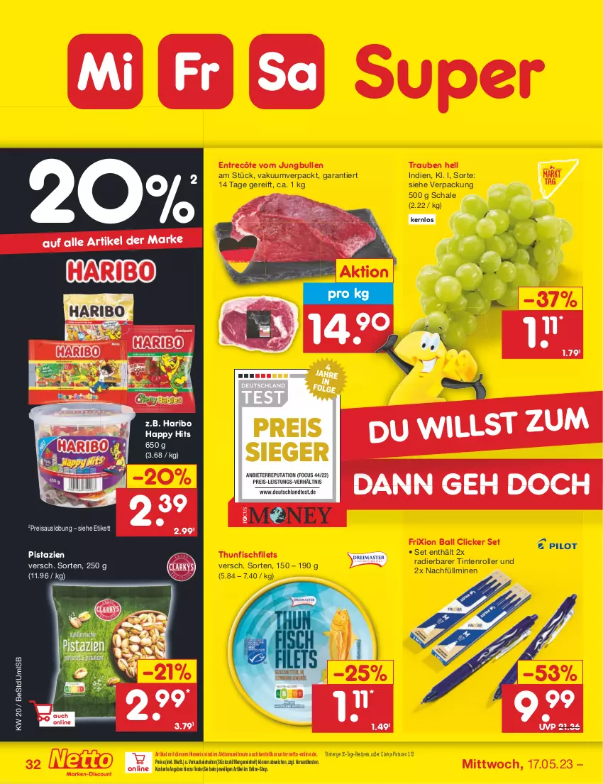 Aktueller Prospekt Netto Marken-Discount - Filial-Angebote - von 15.05 bis 20.05.2023 - strona 32 - produkty: ball, bestpreis, eis, entrecôte, filet, filets, fisch, haribo, jungbullen, ndk, pistazien, reis, Roller, Schal, Schale, thunfisch, Ti, trauben