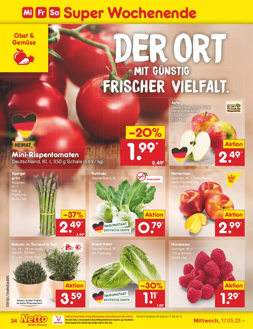 Aktueller Prospekt Netto Marken-Discount - Filial-Angebote - von 15.05 bis 20.05.2023 - strona 34 - produkty: asti, beere, beeren, bestpreis, beutel, eis, fleisch, himbeer, himbeere, himbeeren, kohlrabi, kräuter, mini-rispentomaten, ndk, Nektar, nektarinen, obst, pflanze, pflanzen, reis, rispentomaten, salat, Schal, Schale, snack, spargel, spargel grün, Ti, tisch, tomate, tomaten, topf, zentis