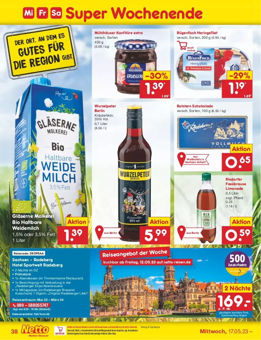 Aktueller Prospekt Netto Marken-Discount - Filial-Angebote - von 15.05 bis 20.05.2023 - strona 38 - produkty: angebot, auer, Berger, bestpreis, bier, bio, brause, buch, eis, fassbrause, filet, fisch, gin, Gläser, hering, Herings, konfitüre, konfitüre extra, kräuter, kräuterlikör, likör, limo, limonade, milch, mühlhäuser, ndk, radeberger, reis, reiseveranstalter, ring, rügenfisch, sac, schoko, schokolade, Sport, Ti, uhr, weidemilch