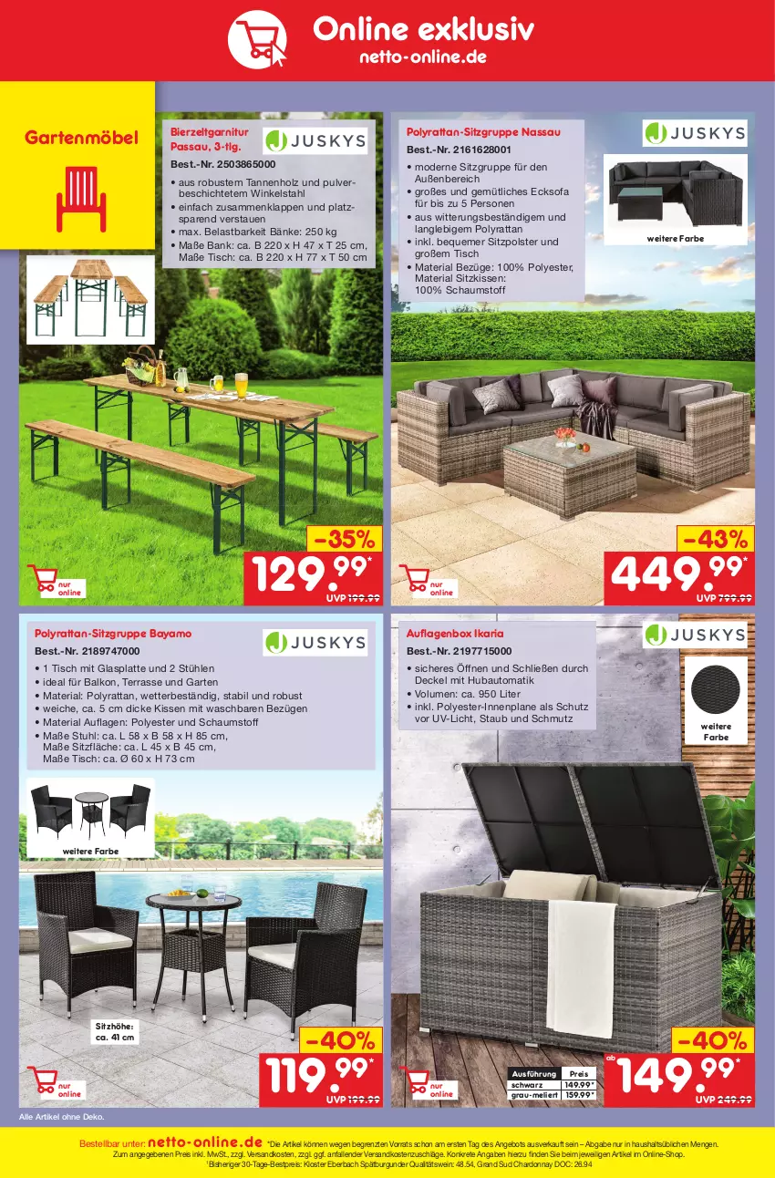 Aktueller Prospekt Netto Marken-Discount - Filial-Angebote - von 15.05 bis 20.05.2023 - strona 46 - produkty: angebot, auflagenbox, auto, Bank, Bau, bestpreis, bier, Bierzeltgarnitur, burgunder, chardonnay, decke, Deckel, eis, garnitur, Garten, gartenmöbel, glasplatte, grand sud, Holz, kissen, Kloster Eberbach, latte, LG, möbel, Mode, ndk, qualitätswein, reis, Ria, Sitzhöhe, sitzkissen, Sofa, spätburgunder, stuhl, Stühl, Ti, tisch, wein, Zelt, ZTE