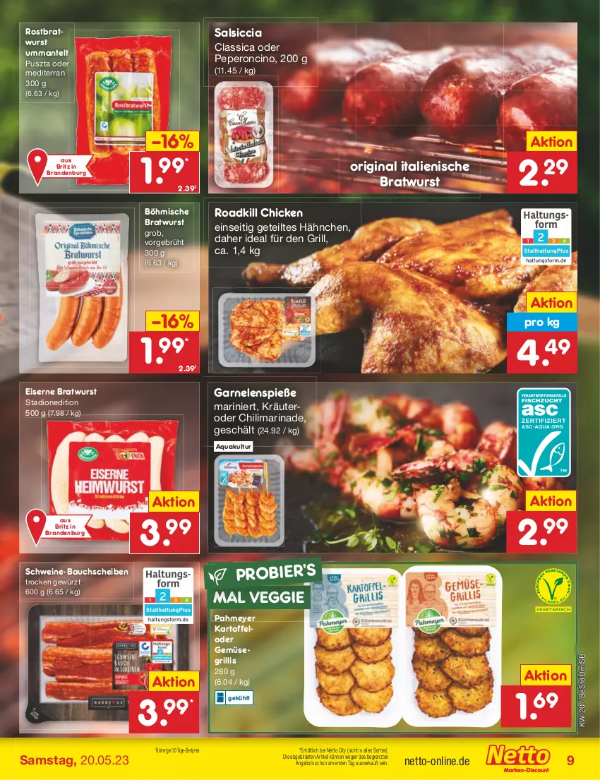 Aktueller Prospekt Netto Marken-Discount - Filial-Angebote - von 15.05 bis 20.05.2023 - strona 9 - produkty: angebot, aqua, Bau, bauchscheiben, bestpreis, bier, bratwurst, chili, cin, eis, garnelen, gewürz, gin, grill, kartoffel, kräuter, Mantel, marinade, reis, rostbratwurst, salsiccia, schwein, schweine, schweine-bauch, schweine-bauchscheiben, Ti, veggie, wein, weine, wurst, ZTE