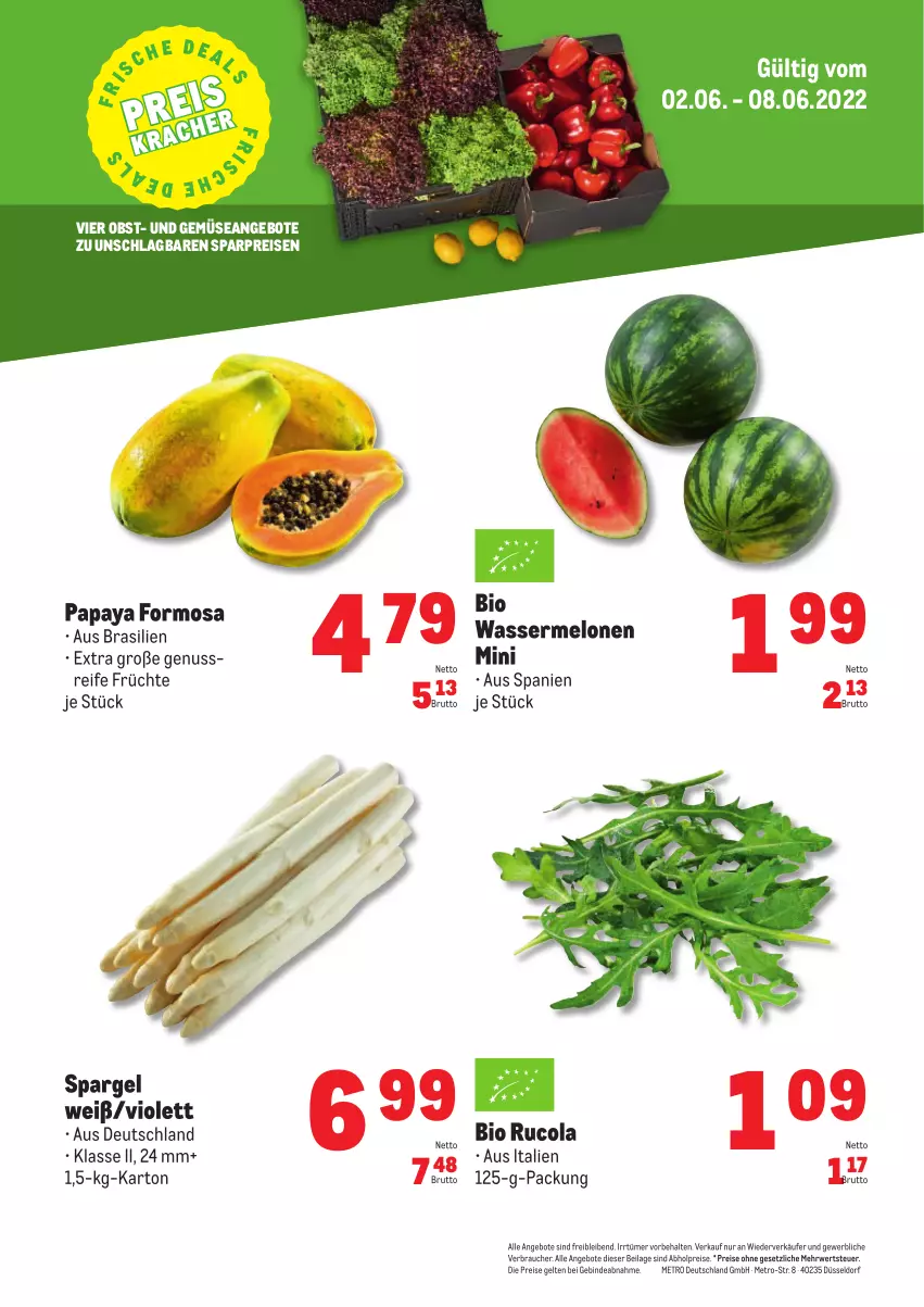 Aktueller Prospekt Metro - Obst & Gemüse Frischepreise - von 02.06 bis 08.06.2022 - strona 1 - produkty: abholpreise, angebot, angebote, bio, brut, cola, eis, früchte, ilag, melone, melonen, Metro, nuss, obst, Papaya, Rauch, reis, rucola, rwe, spargel, Ti, und gemüse, wasser, wassermelone, wassermelonen