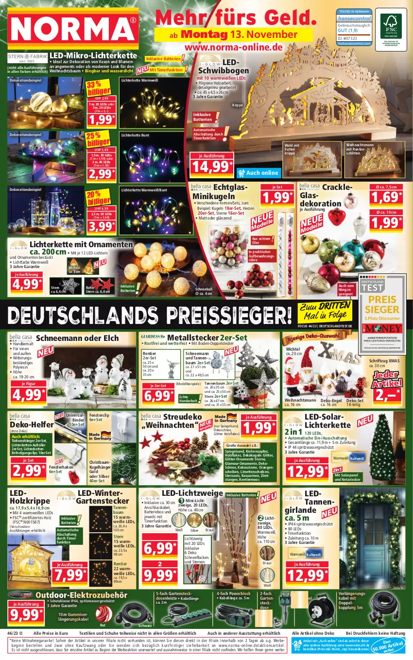 Aktueller Prospekt Norma - Norma - von 13.11 bis 20.11.2023 - strona 1 - produkty: auto, ball, batterie, batterien, Bau, Baumkugel, Bebe, blume, blumen, braun, dekoration, dell, eis, Elektro, elle, Engel, ente, fenster, Fensterhaken, flakes, Garten, gin, Girlande, Holz, Kette, kokos, Kranz, Kugel, led-licht, leds, LG, lichterkette, limette, limetten, Mett, metten, Mode, ndk, orange, orangen, reis, reiss, Roller, Schal, Schlitten, Schriftzug, schuhe, spiegel, Spiele, steckdose, Steckdosenleiste, Tannenbaum, Tannengirlande, Ti, timer, tisch, trommel, Türkranz, Vase, wasser, weihnachten, Weihnachtsbaum, Wichtel, xmas