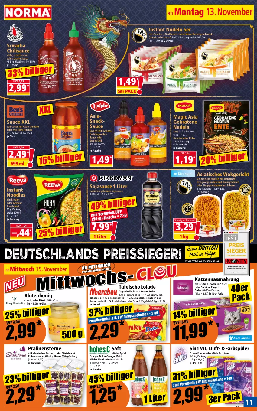 Aktueller Prospekt Norma - Norma - von 13.11 bis 20.11.2023 - strona 11 - produkty: ananas, apfel, auer, Blüte, blütenhonig, bohne, bohnen, braten, chili, daim, eis, ente, erbsen, flasche, fleisch, Geflügel, gelee, gin, honig, hühner, kidney, kühlregal, LG, mac, milch, mit gemüse, Nassnahrung, nerf, nudel, nudeln, nuss, orange, orchidee, pralinen, Ragout, regal, reis, reiss, rind, rindfleisch, rotwein, saft, sauce, schoko, schokolade, snack, snacks, soja, sojasauce, Sriracha, tafelschokolade, Ti, tisch, vollmilch, wein, weinbrand, whisky, Wild, wok, zucker