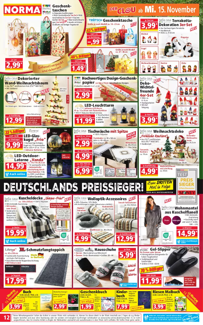 Aktueller Prospekt Norma - Norma - von 13.11 bis 20.11.2023 - strona 12 - produkty: ACC, accessoires, aubergine, auer, auto, Bad, batterie, batterien, Bau, Bauer, Bebe, beere, beleuchtung, brita, buch, decke, dekoration, dell, eis, elle, Engel, flasche, Geschenkpapier, Geschenktasche, gin, Glaskugel, Hausschuhe, Holz, hörnchen, kerze, Kinder, kissen, Kugel, kuscheldecke, lack, Lacke, laterne, Läufer, LED-Kerze, leds, leine, LG, Malbuch, Mantel, mitteldecke, Mode, ndk, papier, pingui, reis, reiss, Ria, Schal, Schriftzug, schuhe, senf, sessel, slip, Slipper, Sofa, stuhl, stuhlkissen, Tasche, taschen, tender, teppich, Ti, Tiere, timer, tisch, tischläufer, Tischwäsche, Weihnachtsbaum, Wichtel, wolle