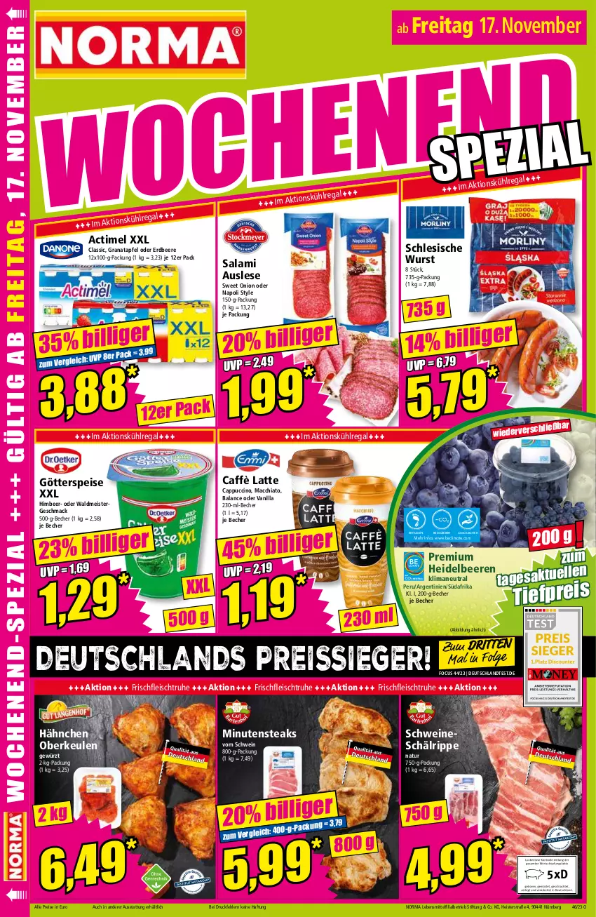 Aktueller Prospekt Norma - Norma - von 13.11 bis 20.11.2023 - strona 16 - produkty: ACC, actimel, apfel, Becher, beere, beeren, caffè latte, Cap, cappuccino, chia, cin, eis, erdbeere, fleisch, gewürz, götterspeise, grana, granatapfel, heidelbeere, heidelbeeren, himbeer, kühlregal, latte, lebensmittel, LG, mac, macchiato, Meister, natur, Rana, regal, reis, reiss, salami, schwein, schweine, steak, steaks, Ti, tiefpreis, waldmeister, wein, weine, wurst