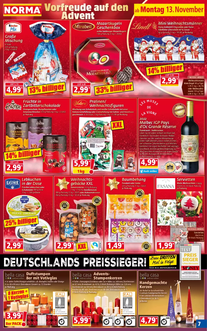 Aktueller Prospekt Norma - Norma - von 13.11 bis 20.11.2023 - strona 7 - produkty: apfel, auer, Bau, beere, beeren, burger, champagne, champagner, cola, creme, eis, Engel, flasche, fleisch, früchte, gelee, Geschenkbox, gewürz, haselnuss, johannisbeere, Johannisbeeren, kakao, Käse, kerze, kirsch, kirsche, kirschen, kokos, krone, kuchen, Kugel, Lebkuchen, LG, mac, messer, milch, nuss, orange, orangen, pasta, pflaume, pflaumen, pralinen, reis, reiss, rel, rum, sahne, salz, Schal, Schale, schoko, schokolade, Serviette, servietten, Ti, trauben, vanille, vollmilch, weihnachten, wein, Wild, Zartbitterschokolade