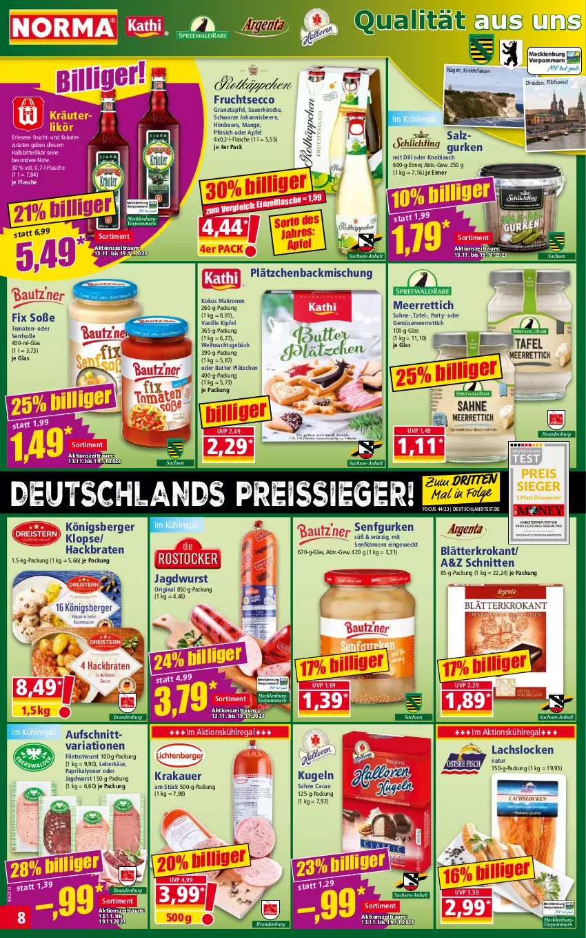 Aktueller Prospekt Norma - Norma - von 13.11 bis 20.11.2023 - strona 8 - produkty: apfel, auer, aufschnitt, backmischung, beere, Berger, braten, butter, ecco, eimer, eis, filet, flasche, frucht, fruchtsecco, gin, grana, granatapfel, gurke, gurken, himbeer, himbeere, jagdwurst, johannisbeere, Käse, kirsch, kirsche, kokos, Königsberger Klopse, krakauer, kräuter, kräuterlikör, Kreide, krone, Kugel, kühlregal, lachs, Lätzche, leberkäs, leberkäse, LG, likör, lorenz, lyoner, mango, meerrettich, natur, paprika, pfirsich, Rana, regal, reis, reiss, Rettich, Ria, Rotwurst, sahne, salz, schnitten, senf, Senfsoße, Soße, Ti, tomate, tomaten, vanille, weck, wurst, Yo