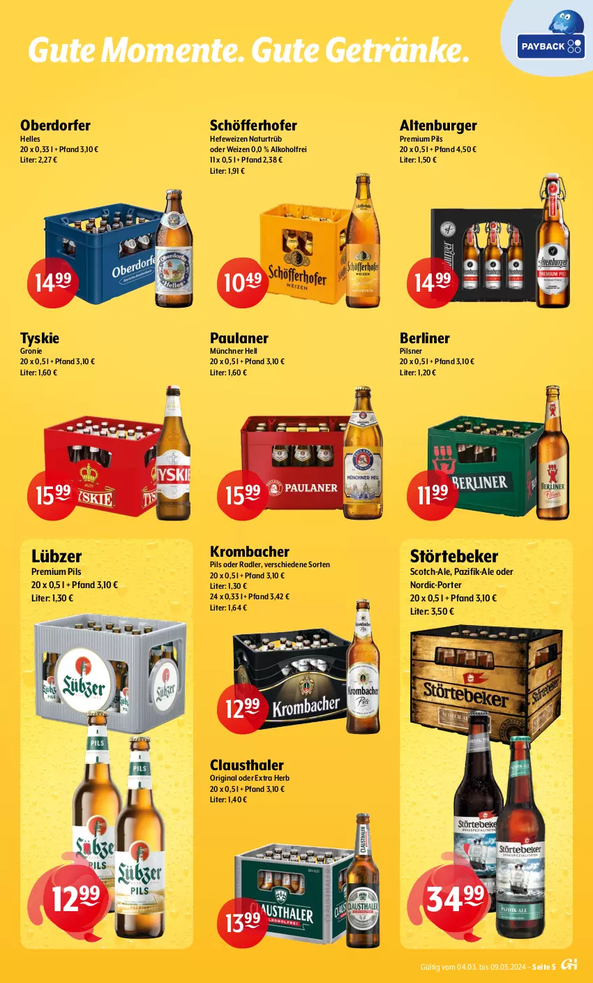 Aktueller Prospekt Getraenke Hoffmann - Prospekte - von 04.03 bis 09.03.2024 - strona 5 - produkty: alkohol, altenburger, aust, berliner, burger, clausthaler, elle, ente, getränk, getränke, gin, Hefe, hefeweizen, krombache, krombacher, krombacher pils, Lübzer, natur, oder radler, Paula, paulaner, pils, pilsner, premium pils, radler, schöfferhofer, scotch, störtebeker, Ti, tyskie