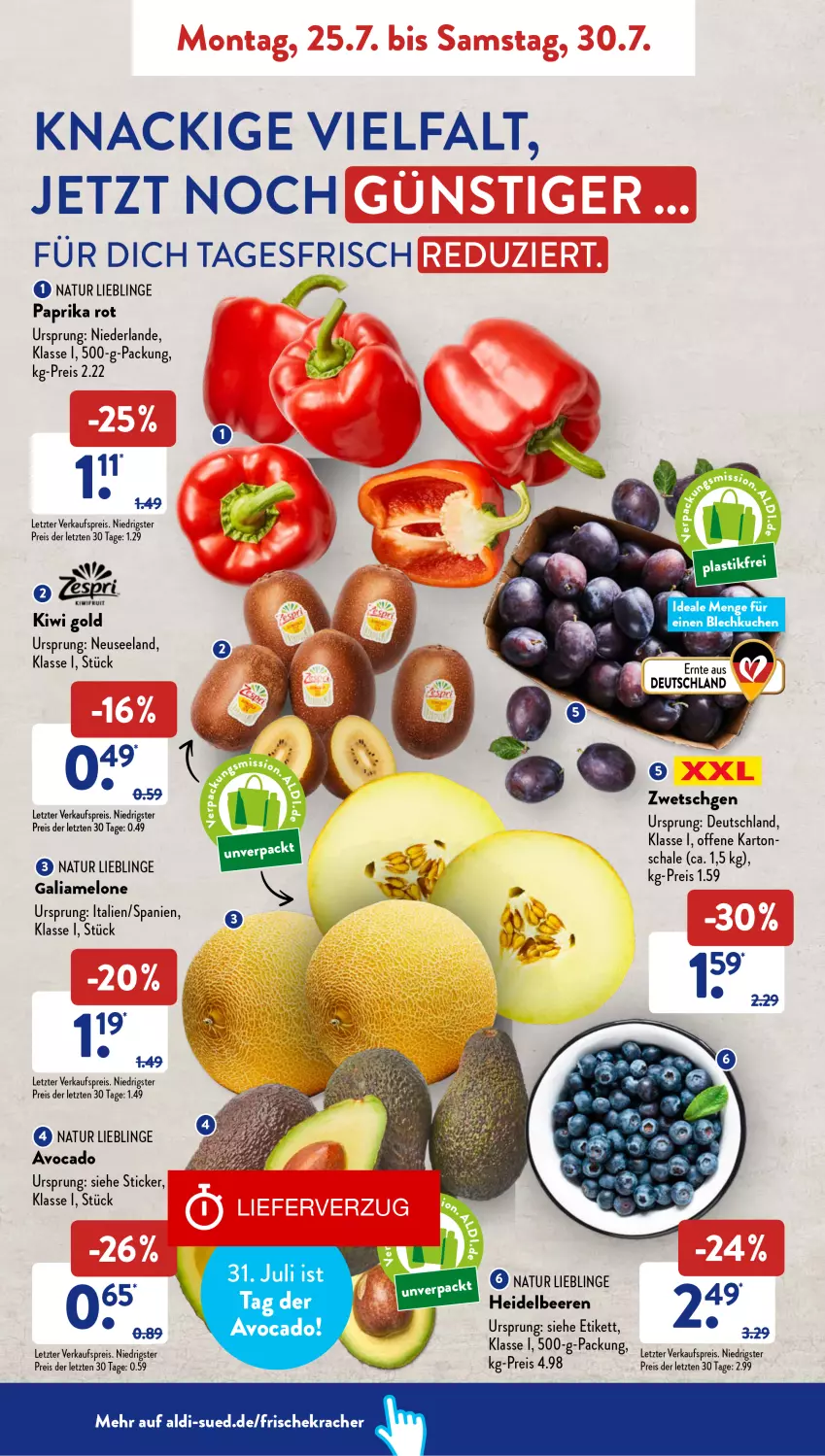 Aktueller Prospekt AldiSud - NÄCHSTE WOCHE - von 25.07 bis 30.07.2022 - strona 2 - produkty: aldi, avocado, beere, beeren, eis, Elan, galiamelone, heidelbeere, heidelbeeren, kiwi, Kiwi Gold, kracher, kuchen, melone, natur, paprika, paprika rot, reis, Schal, Schale, Ti, ZTE