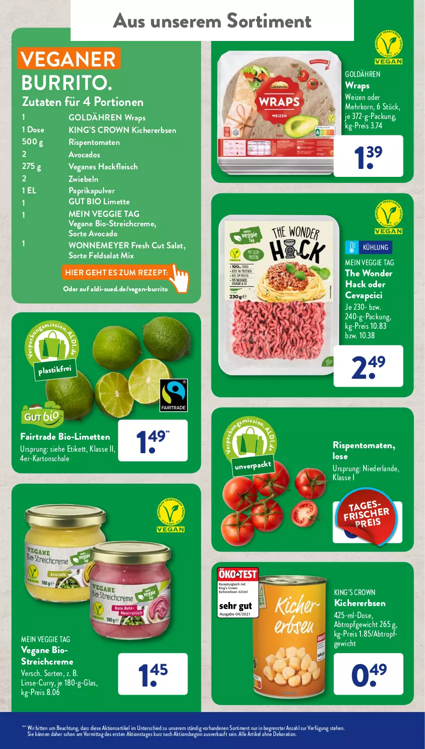 Aktueller Prospekt AldiSud - NÄCHSTE WOCHE - von 25.07 bis 30.07.2022 - strona 21 - produkty: aldi, alle artikel ohne dekoration, asti, avocado, avocados, bio, cevapcici, creme, curry, dekoration, eis, erbsen, feldsalat, fleisch, gin, hackfleisch, kichererbsen, korn, limette, limetten, Mett, metten, paprika, reis, rezept, rispentomaten, salat, Schal, Schale, Ti, tomate, tomaten, veggie, wrap, wraps, ZTE, zwiebel, zwiebeln