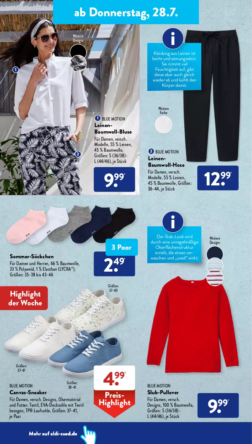 Aktueller Prospekt AldiSud - NÄCHSTE WOCHE - von 25.07 bis 30.07.2022 - strona 28 - produkty: aldi, Bau, baumwolle, bluse, decksohle, dell, eis, elle, hose, kleid, Kleidung, leine, Mode, Pullover, reis, Ria, sneaker, söckchen, Ti, wolle