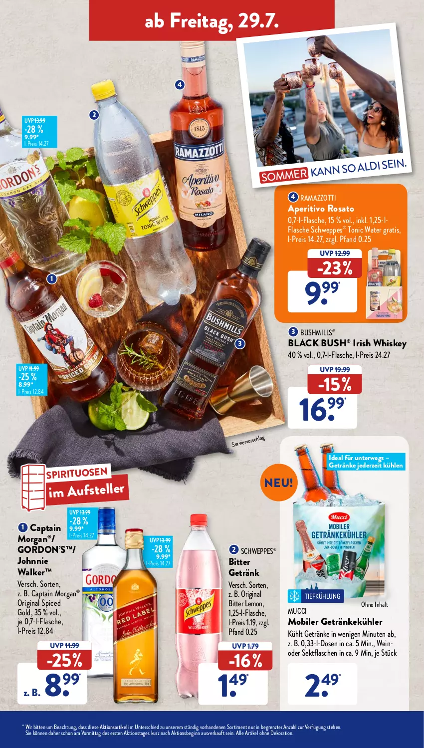 Aktueller Prospekt AldiSud - NÄCHSTE WOCHE - von 25.07 bis 30.07.2022 - strona 37 - produkty: aldi, alle artikel ohne dekoration, aperitivo rosato, bitter lemon, Cap, captain morgan, dekoration, eis, elle, flasche, getränk, getränke, gin, gordon, Gordon’s, irish whiskey, johnnie walker, lack, original spiced gold, rama, ramazzott, ramazzotti, reis, rosato, rwe, schweppes, sekt, spirituosen, teller, Ti, tonic, tonic water, wein, whiskey, zott, ZTE