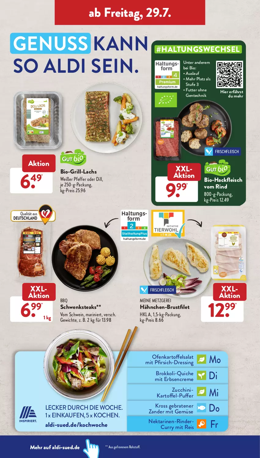 Aktueller Prospekt AldiSud - NÄCHSTE WOCHE - von 25.07 bis 30.07.2022 - strona 38 - produkty: aldi, bio, Bio-Hackfleisch, braten, brokkoli, brustfilet, creme, curry, dressing, eis, ente, erbsen, filet, fleisch, grill, grill-lachs, gsw, hackfleisch, hähnchen-brustfilet, je 250-g-packung, kartoffel, kartoffelsalat, lachs, mit gemüse, Nektar, nektarinen, nuss, Ofen, pfeffer, pfirsich, Quiche, reis, rind, rinder, salat, schwein, steak, steaks, Ti, wein, Zander, zucchini