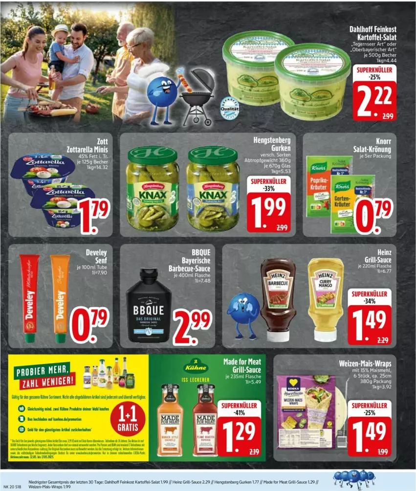 Aktueller Prospekt Edeka - Prospekte - von 12.05 bis 17.05.2025 - strona 18 - produkty: bett, bier, eis, feinkost, flasche, grill, gurke, gurken, heinz, hengstenberg, Hengstenberg Gurken, kartoffel, kräuter, mais, reis, rel, salat, sauce, tee, Tegernseer, wrap, wraps, zott, zottarella, zottarella minis, ZTE