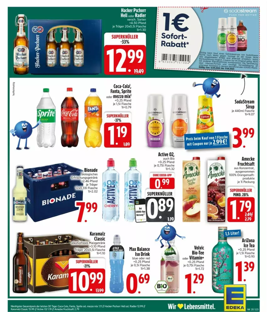 Aktueller Prospekt Edeka - Prospekte - von 12.05 bis 17.05.2025 - strona 23 - produkty: amecke, bio, coca-cola, cola, drink, fanta, flasche, frucht, fruchtsaft, ice tea, karamalz, lebensmittel, malz, Mezzo Mix, orange, orangen, orangensaft, rama, saft, sirup, Soda, sodastream, sprite, tee, Ti, vita, volvic