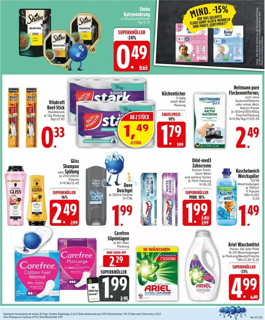 Aktueller Prospekt Edeka - Prospekte - von 12.05 bis 17.05.2025 - strona 25 - produkty: ariel, ariel waschmittel, auer, beef, beutel, carefree, creme, deka, dove, duschgel, eis, flasche, Fleckenentferner, gliss, heitmann, hundesnack, K2, kraft, küche, Küchen, küchentücher, Kuschelweich, Odol, Pants, Pods, reis, shampoo, shampoo oder spülung, slip, slipeinlagen, snack, spülung, Ti, tücher, vita, vitakraft, waschmittel, weichspüler, zahncreme