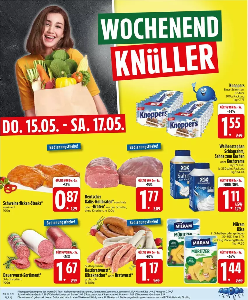 Aktueller Prospekt Edeka - Prospekte - von 12.05 bis 17.05.2025 - strona 26 - produkty: auer, beutel, braten, bratwurst, Käse, knacker, knoppers, Kocher, milram, nuss, rollbraten, rostbratwurst, sahne, schlagrahm, schnitten, schwein, schweine, schweinerücken, steak, steaks, Ti, weihenstephan, wein, weine, wurst, ZTE