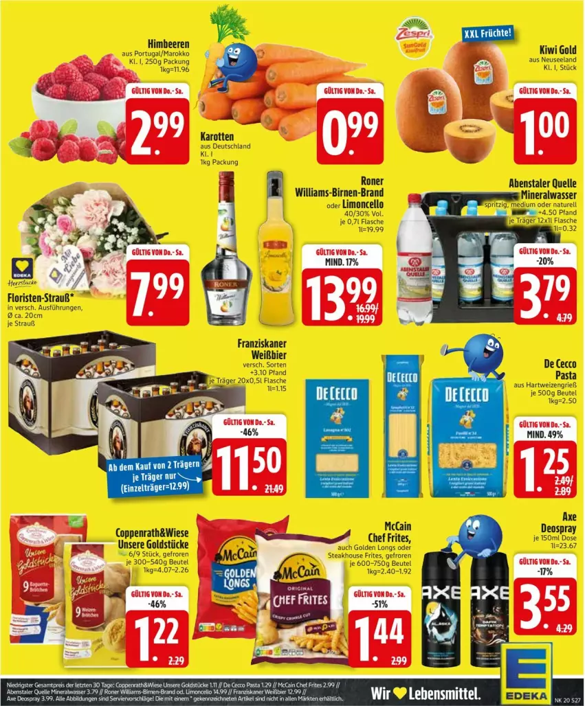 Aktueller Prospekt Edeka - Prospekte - von 12.05 bis 17.05.2025 - strona 27 - produkty: Alwa, axe, beere, beeren, beutel, bier, Birnen, coppenrath, De Cecco, deo, deospray, ecco, eis, Elan, elle, flasche, franziskaner, Golden Longs, Goldstücke, himbeer, himbeere, himbeeren, kiwi, Kiwi Gold, limo, mccain, mineralwasser, pasta, reis, steak, Ti, wasser, ZTE