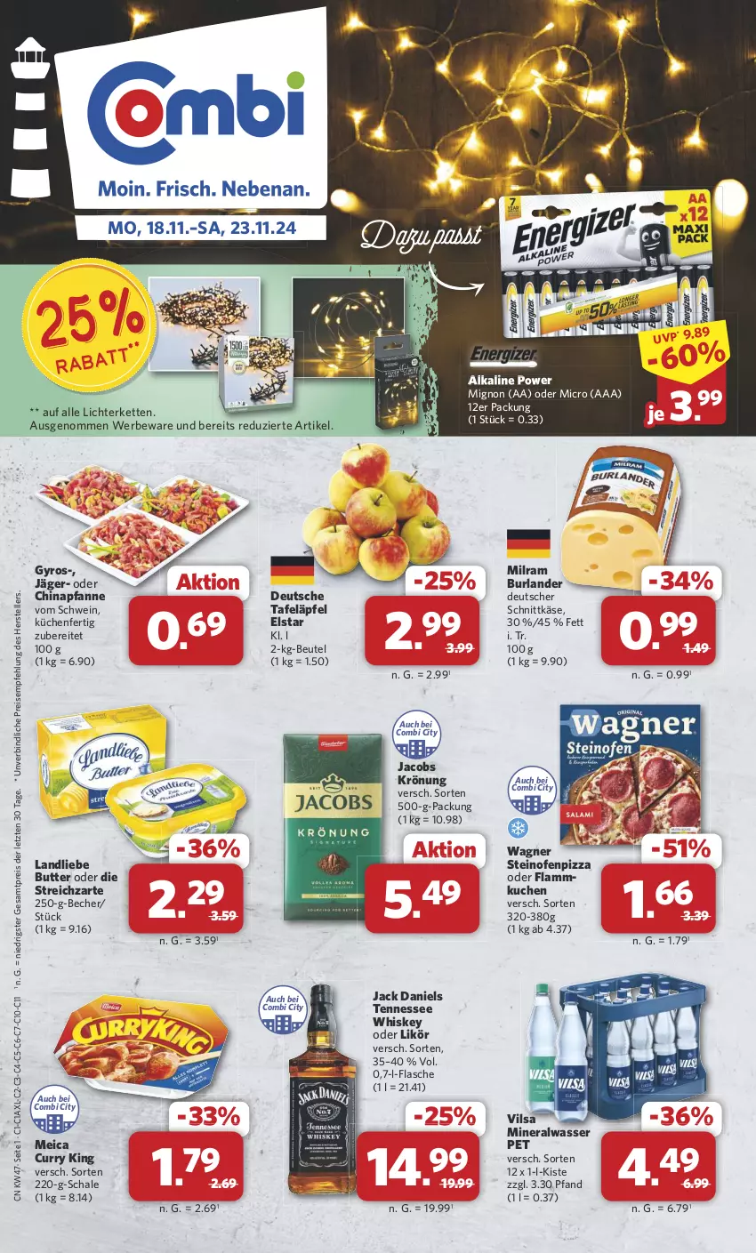 Aktueller Prospekt Combi - Prospekte - von 18.11 bis 23.11.2024 - strona 1 - produkty: Alwa, Becher, beutel, burlander, butter, curry, deutscher schnittkäse, eis, elle, flammkuchen, flasche, gyros, jack daniel, jack daniels, jacobs, jacobs krönung, Käse, Kette, küche, Küchen, kuchen, lamm, landliebe, lichterkette, likör, meica, milram, mineralwasser, Ofen, pfanne, pizza, reis, Schal, Schale, schnittkäse, schwein, steinofen, Streichzart, tafeläpfel, teller, tennessee whiskey, Ti, vilsa, wagner, wasser, wein, whiskey, ZTE