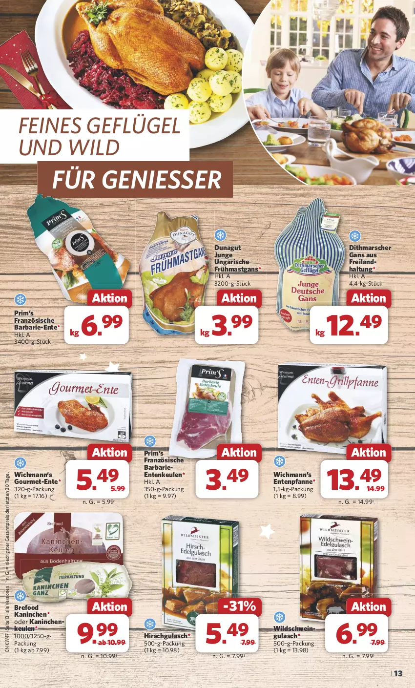 Aktueller Prospekt Combi - Prospekte - von 18.11 bis 23.11.2024 - strona 13 - produkty: Bref, eis, ente, Entenkeule, Geflügel, gulasch, Kaninchenkeule, mars, pfanne, reis, schwein, Ti, wein, Wild, Wildschwein, ZTE