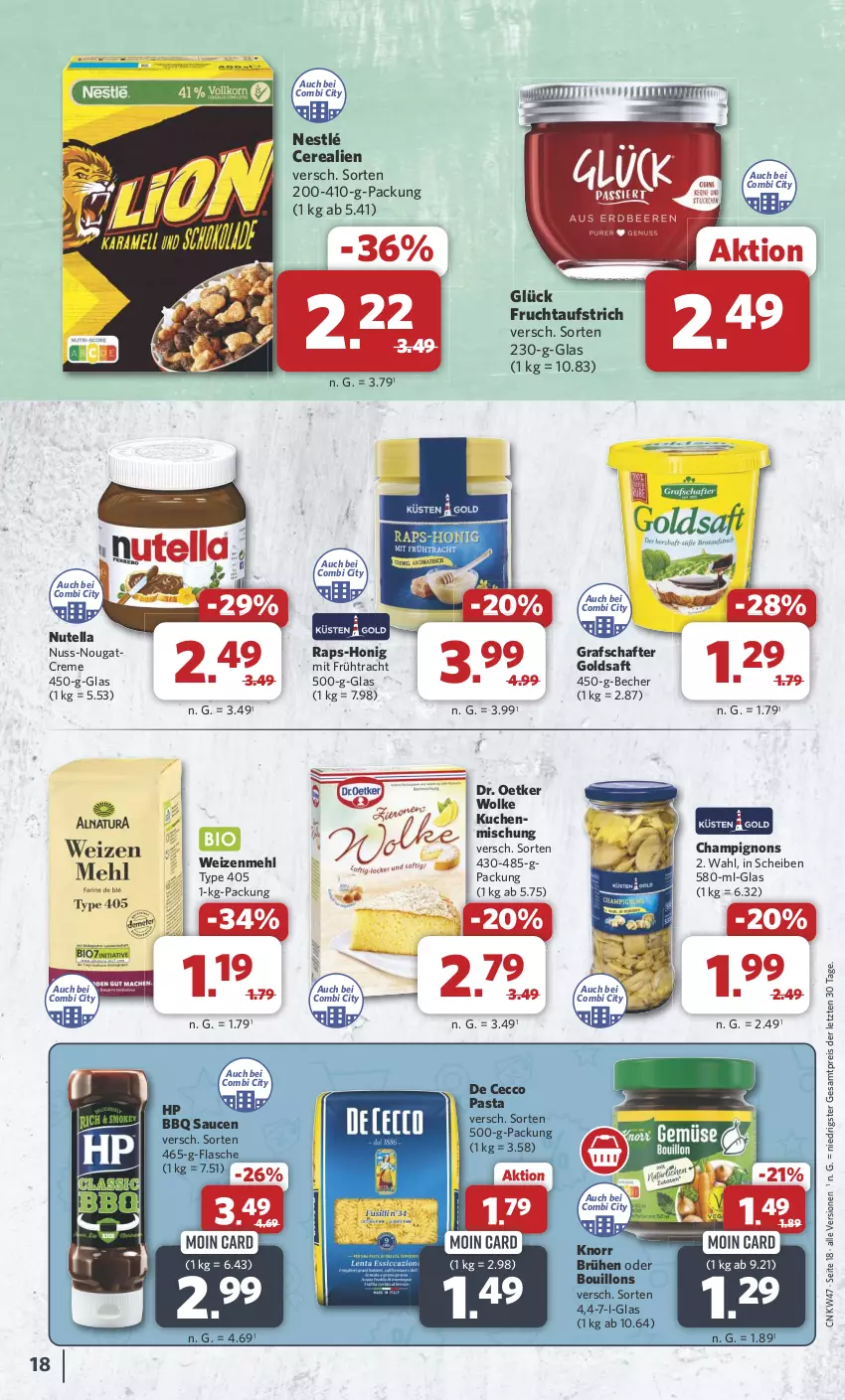 Aktueller Prospekt Combi - Prospekte - von 18.11 bis 23.11.2024 - strona 18 - produkty: aufstrich, Becher, Brühe, cerealien, champignon, champignons, creme, De Cecco, Dr. Oetker, ecco, eis, flasche, frucht, fruchtaufstrich, goldsaft, grafschafter, honig, HP, knorr, kuchen, mehl, nestlé, Nougatcreme, nuss, nutella, pasta, reis, saft, sauce, saucen, Ti, type 405, weizenmehl, ZTE