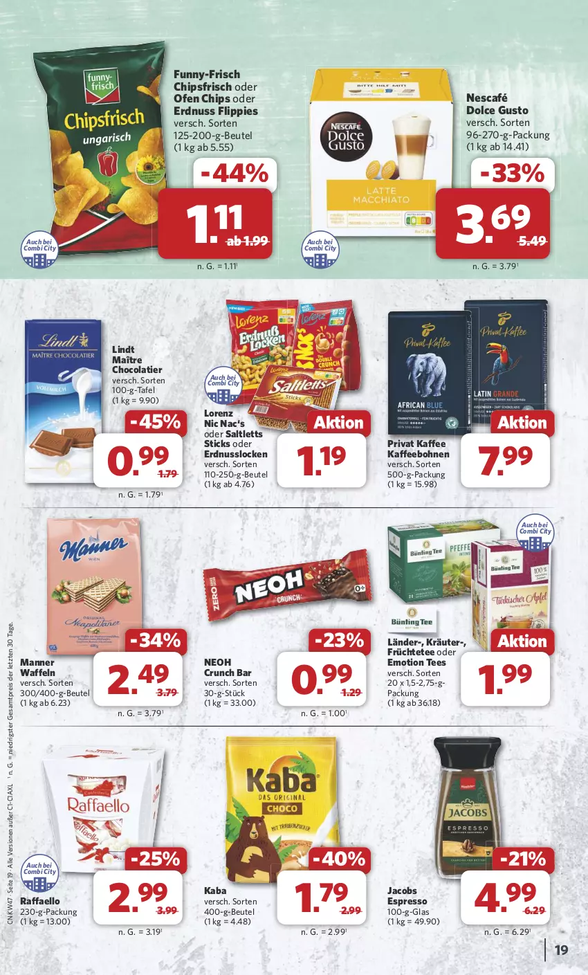 Aktueller Prospekt Combi - Prospekte - von 18.11 bis 23.11.2024 - strona 19 - produkty: beutel, bohne, bohnen, chips, chipsfrisch, cola, dolce gusto, eis, erdnuss, espresso, flippies, früchte, Früchtetee, funny-frisch, jacobs, kaffee, kaffeebohnen, kräuter, lindt, lorenz, Manner, Nescafé, nuss, Ofen, raffaello, reis, saltletts, tee, Ti, waffeln, ZTE