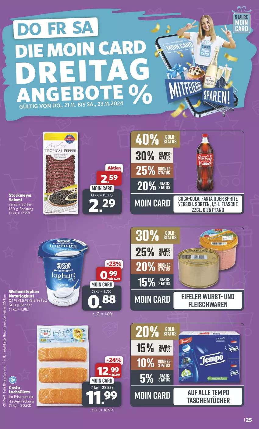 Aktueller Prospekt Combi - Prospekte - von 18.11 bis 23.11.2024 - strona 25 - produkty: Becher, coca-cola, cola, eis, fanta, fanta oder, fanta oder sprite, filet, filets, flasche, fleisch, fleischwaren, joghur, joghurt, lachs, lachsfilet, lachsfilets, natur, naturjoghurt, oder sprite, reis, salami, sprite, stockmeyer, Tasche, taschen, taschentücher, Tempo, Ti, tücher, weihenstephan, wurst, ZTE