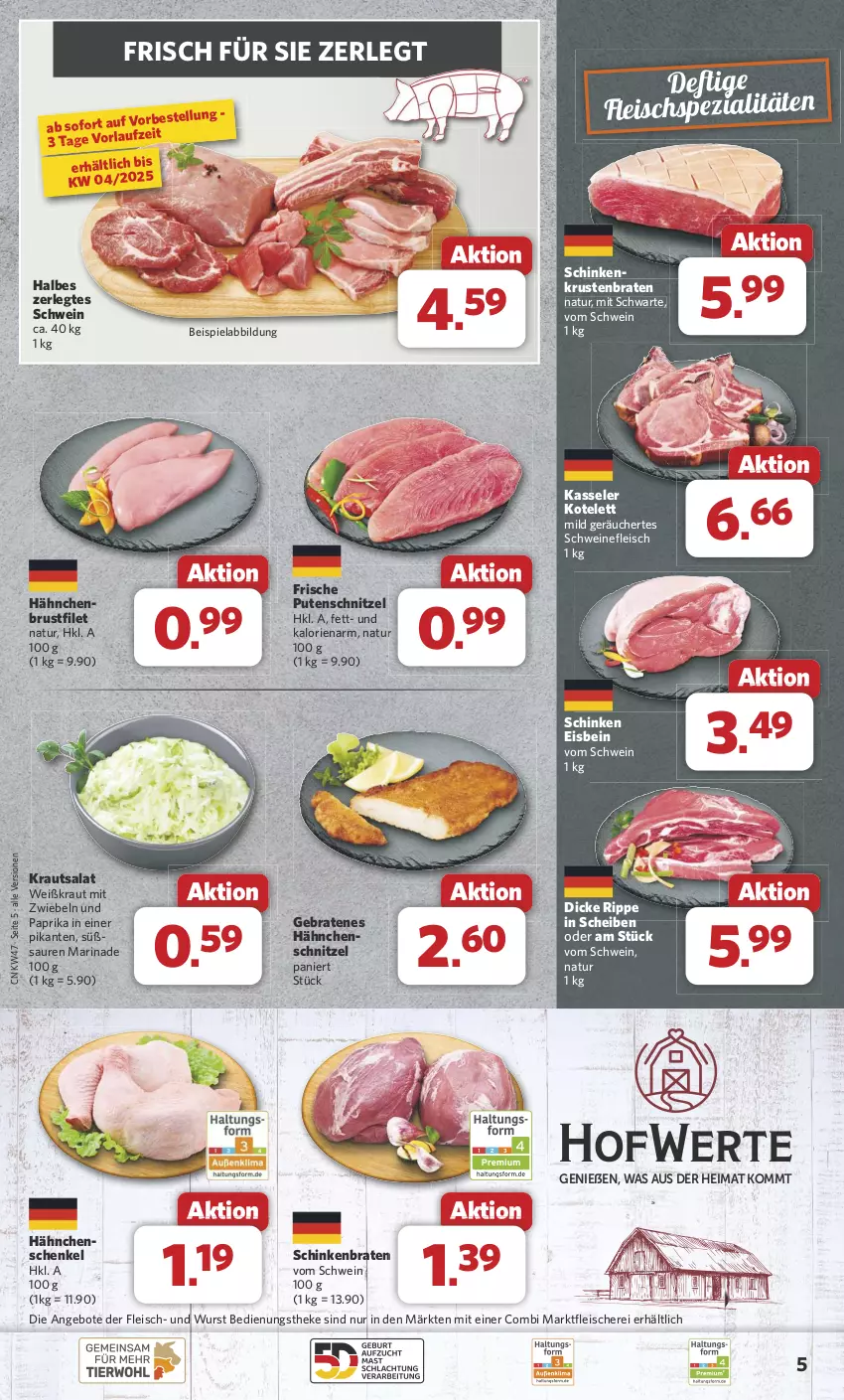 Aktueller Prospekt Combi - Prospekte - von 18.11 bis 23.11.2024 - strona 5 - produkty: angebot, angebote, beispielabbildung, braten, brustfilet, eis, filet, fleisch, Fleischerei, hähnchenbrust, hähnchenbrustfilet, hähnchenschenkel, Hähnchenschnitzel, henkel, kasseler, kotelett, Kraut, krautsalat, krustenbraten, marinade, mit zwiebeln, natur, paprika, pute, putenschnitzel, salat, schenkel, Schere, schinken, schinkenbraten, schnitzel, schwein, schweine, schweinefleisch, Spezi, Ti, wein, weine, wurst, zwiebel, zwiebeln