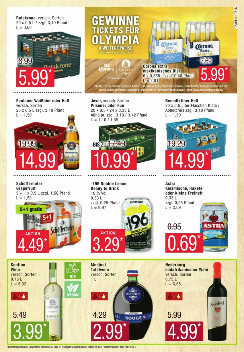 Aktueller Prospekt Edeka - Prospekte - von 22.06 bis 29.06.2024 - strona 25 - produkty: Astra, Benediktiner, bier, drink, eis, flasche, grapefruit, jever, krone, leine, medinet, nederburg, Paula, paulaner, pils, pilsener, reis, rum, schöfferhofer, Ti, wein, ZTE