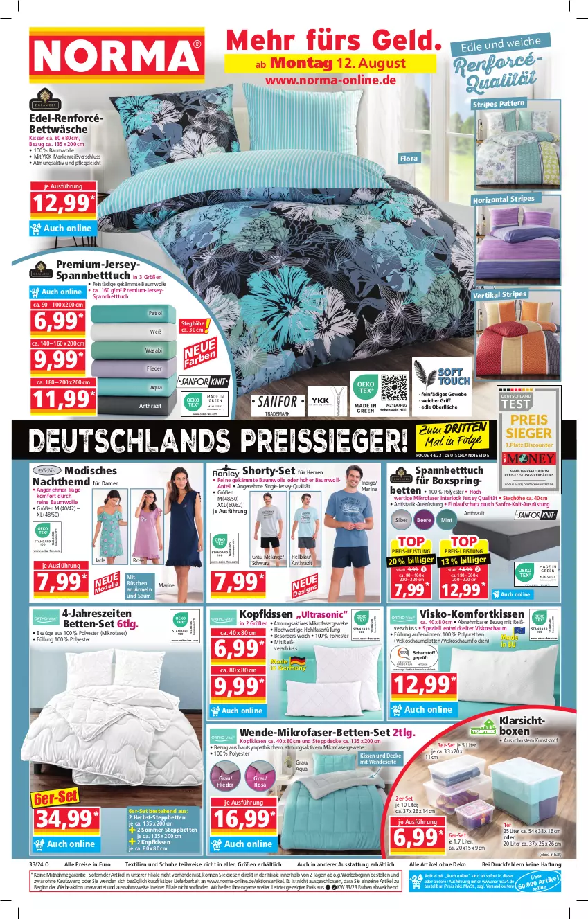 Aktueller Prospekt Norma - Norma - von 12.08 bis 19.08.2024 - strona 1 - produkty: aqua, Bau, baumwolle, Bebe, beere, bett, Betten, Betttuch, bettwäsche, boxspringbett, damen short, decke, dell, eis, Elan, elle, flieder, gin, hemd, kissen, Klarsichtbox, kopfkissen, latte, LG, mikrofaser, mint, Nachthemd, ndk, reine baumwolle, reis, reiss, ring, schuhe, shorty, spannbetttuch, Spezi, steppbett, Steppdecke, Ti, tuc, wasa, WICK, wolle, ZTE