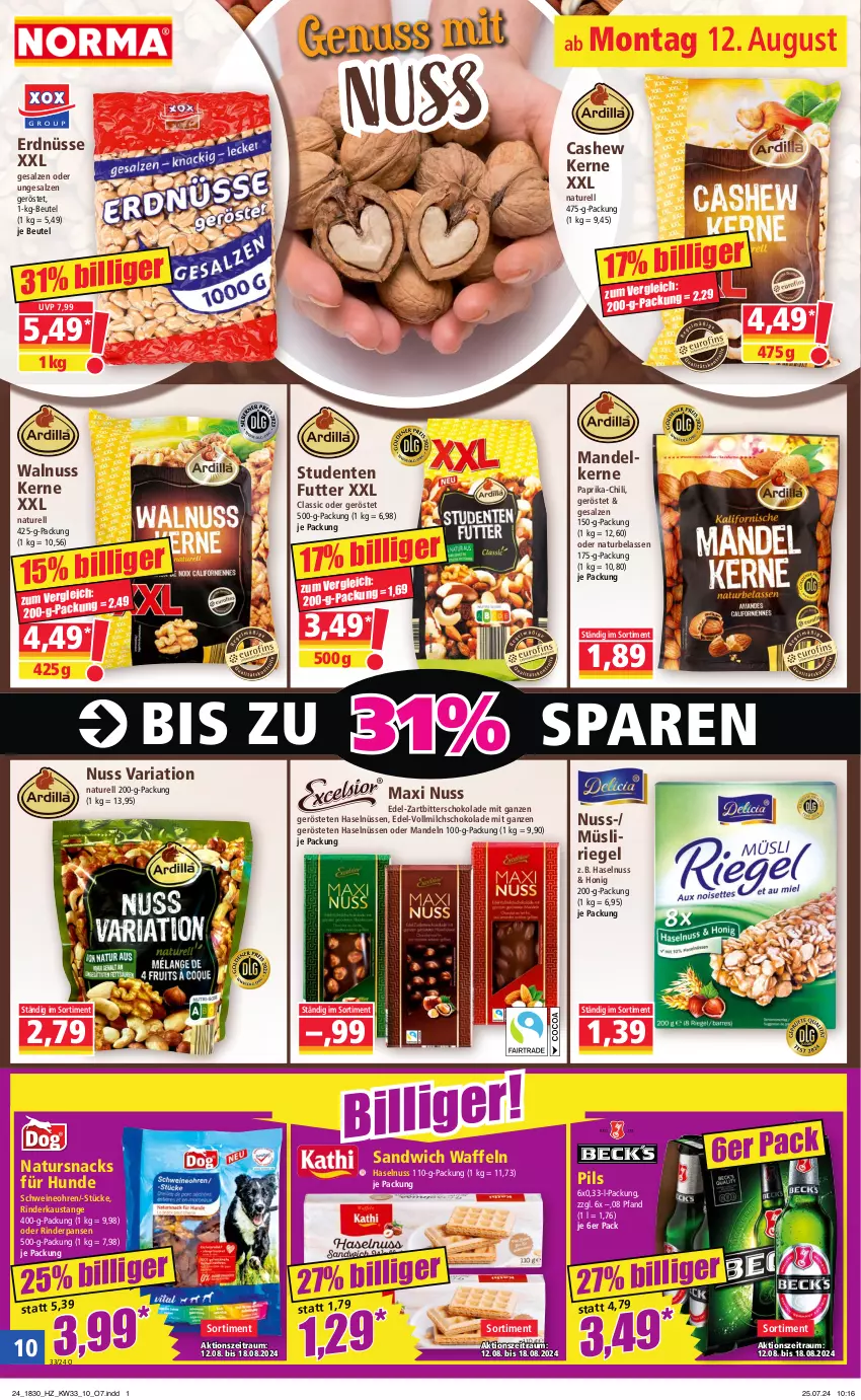 Aktueller Prospekt Norma - Norma - von 12.08 bis 19.08.2024 - strona 10 - produkty: aust, beutel, Cashew, chili, ente, erdnüsse, haselnuss, honig, mandel, mandeln, milch, müsli, natur, nuss, paprika, pils, rel, Ria, riegel, rind, rinder, salz, sandwich, schoko, schokolade, schwein, schweine, snack, snacks, Ti, vollmilch, waffeln, walnuss, Walnuss Kerne, wein, weine, Zartbitterschokolade