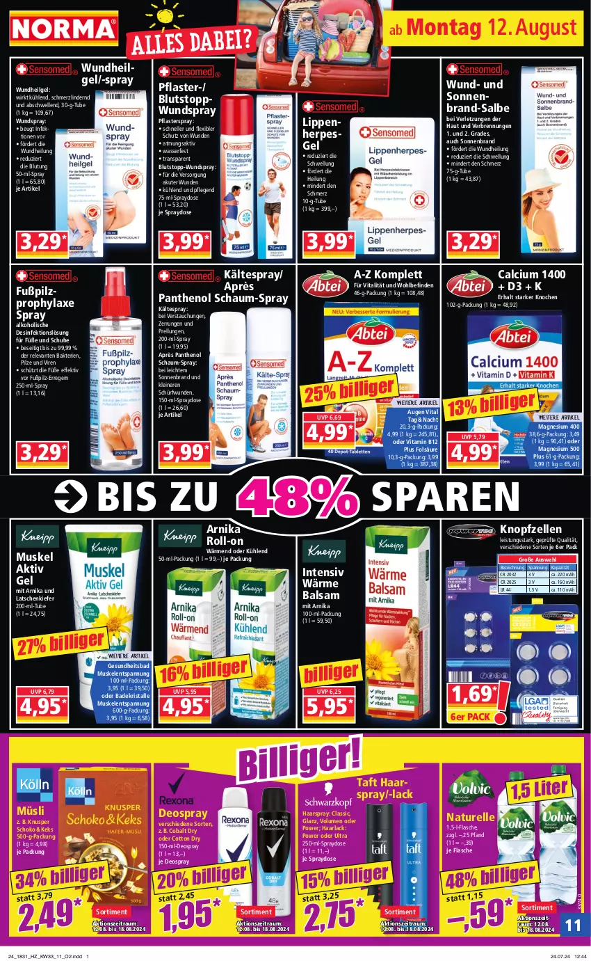 Aktueller Prospekt Norma - Norma - von 12.08 bis 19.08.2024 - strona 11 - produkty: aktiv gel, alkohol, arla, axe, Bad, Badekristalle, balsam, Calcium, deo, deospray, Desinfektion, eis, elle, flasche, Gesundheit, Haarlack, haarspray, keks, lack, leine, LG, magnesium, magnesium 400, müsli, natur, Panthenol, pflaster, pilze, rel, roll-on, schoko, schuhe, Taft, Ti, vita, Vitamin B, wasser