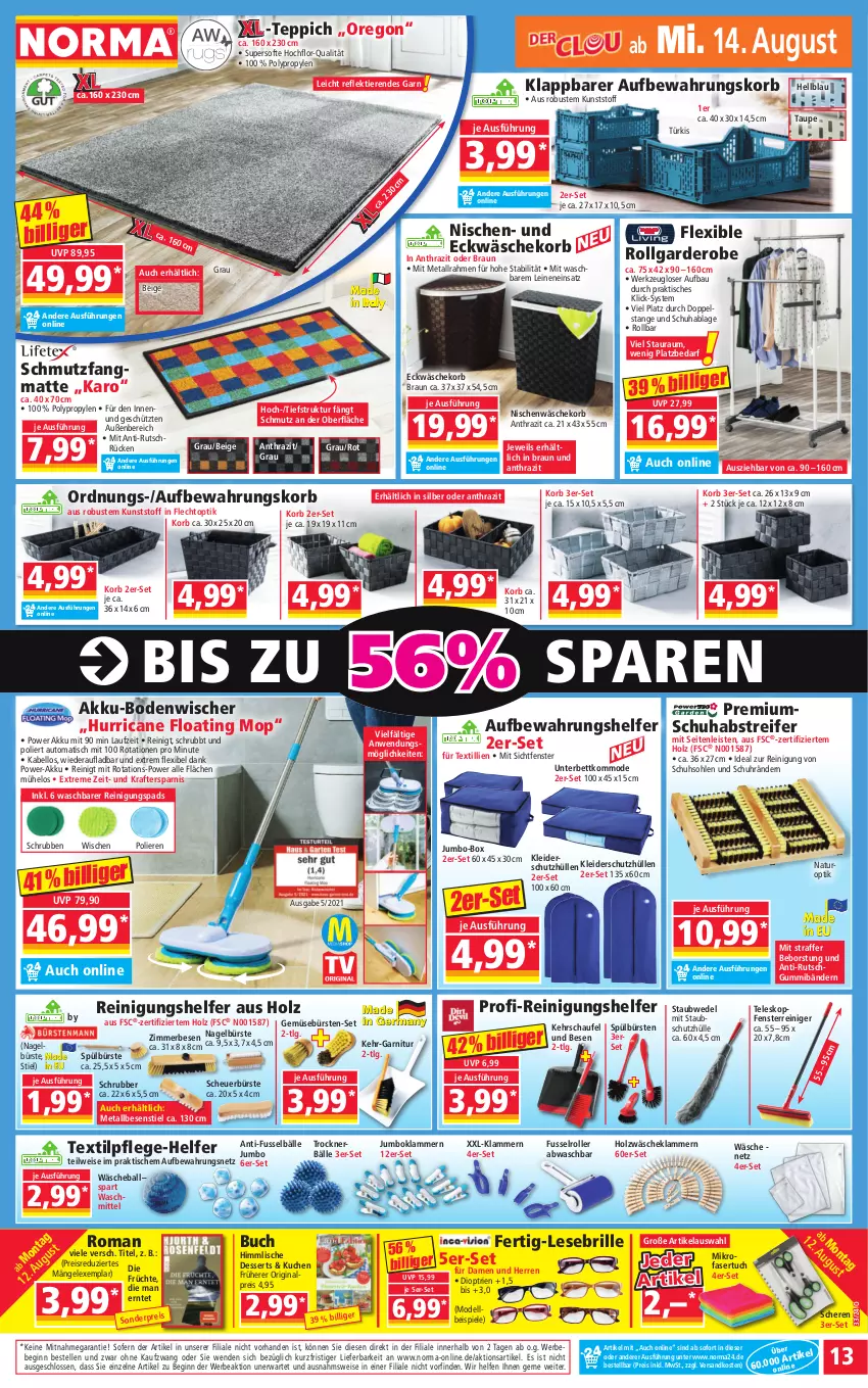 Aktueller Prospekt Norma - Norma - von 12.08 bis 19.08.2024 - strona 13 - produkty: akku, auto, ball, Bau, Bebe, bett, bodenwischer, braun, Brille, buch, bürste, bürsten, dell, dessert, desserts, eis, elle, fenster, früchte, Garderobe, garnitur, gin, Heu, Holz, jumbo, Klammern, kleid, kleider, kommode, korb, kraft, kuchen, lamm, leine, LG, mikrofaser, Mode, natur, ndk, reiniger, Reinigung, reis, Roller, Schere, schmutzfangmatte, schutzhülle, Spiele, staubwedel, Teleskop, teppich, Ti, Tiere, tisch, Trockner, tuc, uhr, wäschekorb, waschmittel, wedel, ZTE