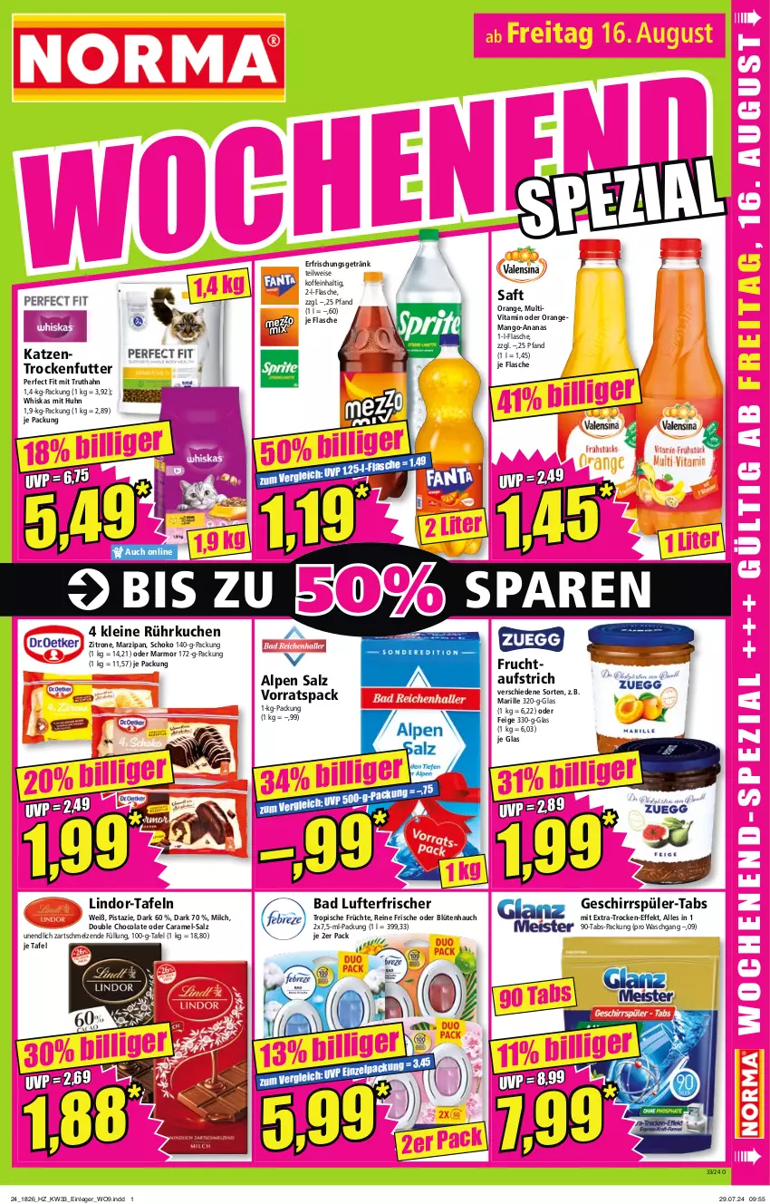 Aktueller Prospekt Norma - Norma - von 12.08 bis 19.08.2024 - strona 15 - produkty: ananas, aufstrich, Bad, Blüte, caramel, cola, eis, erfrischungsgetränk, flasche, frucht, fruchtaufstrich, früchte, geschirr, geschirrspüler, getränk, Katzentrockenfutter, kuchen, leine, lindor, lufterfrischer, mango, marzipan, milch, orange, Perfect Fit, saft, salz, schoko, Ti, trockenfutter, truthahn, vita, whiskas, zitrone