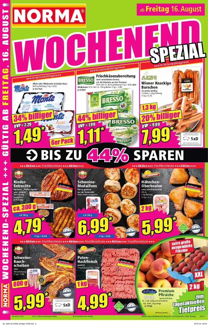 Aktueller Prospekt Norma - Norma - von 12.08 bis 19.08.2024 - strona 16 - produkty: Bau, bauchscheiben, Becher, creme, eis, entrecôte, fleisch, frischkäse, früchte, gewürz, hackfleisch, im zarten saitling, Käse, kräuter, kräutern, lebensmittel, medaillons, milch, natur, nuss, paprika, pfeffer, pfirsich, pfirsiche, pute, Putenhackfleisch, regal, reis, rind, rinder, saft, schoko, schwein, schweine, Schweinebauch, schweinebauchscheiben, Ti, tiefpreis, tisch, wein, weine, wiener, Wild