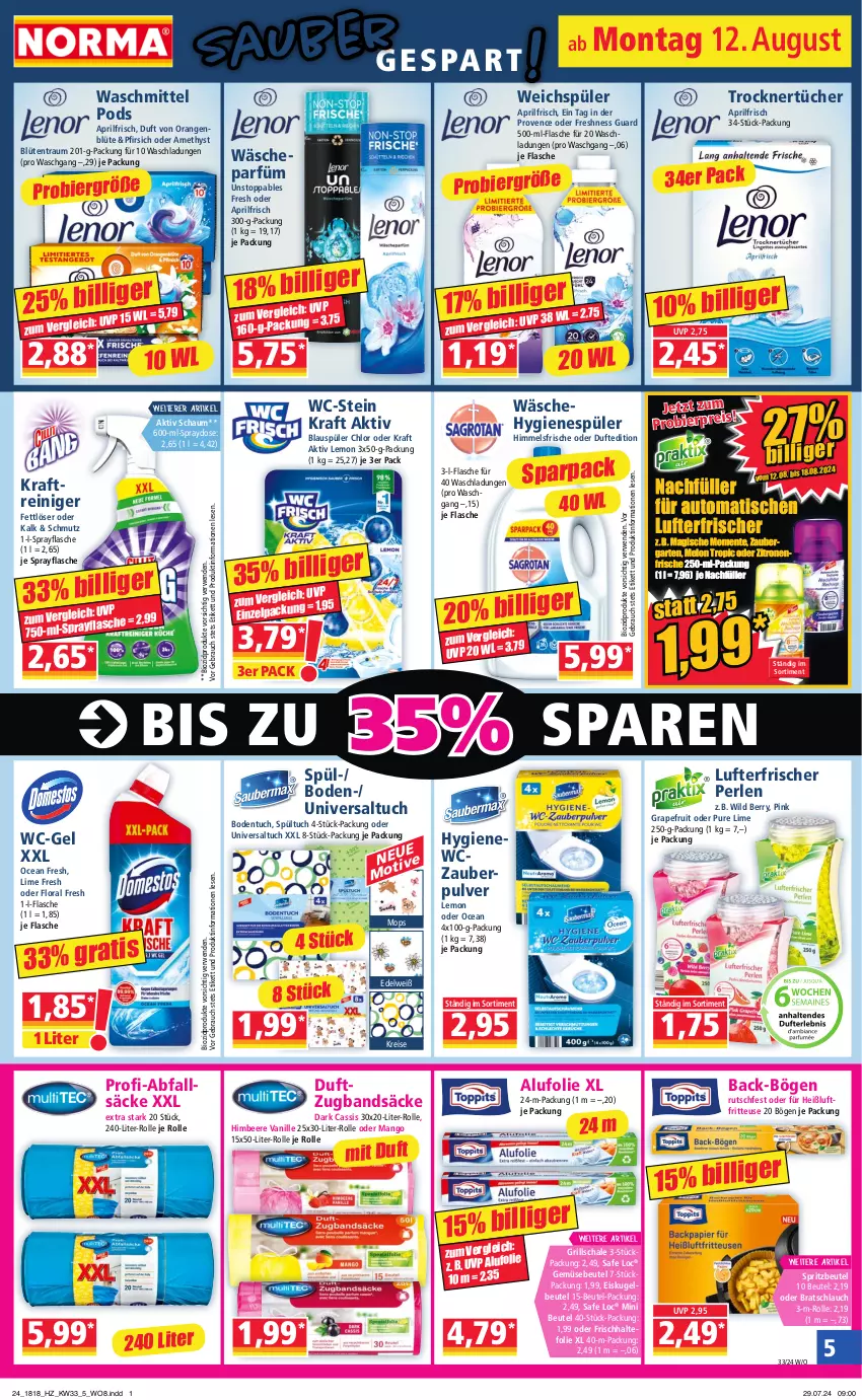 Aktueller Prospekt Norma - Norma - von 12.08 bis 19.08.2024 - strona 5 - produkty: auto, beere, beutel, bier, bio, biozidprodukte, Blüte, cassis, eis, ente, Fettlöser, flasche, fritteuse, Garten, grapefruit, grill, Heißluftfritteuse, himbeer, himbeere, hygienespüler, kraft, Kugel, lufterfrischer, mango, orange, orangen, perlen, pfirsich, Pods, pril, Rauch, reiniger, reis, rwe, Schal, Schale, schlauch, Ti, tisch, Trockner, tuc, tücher, vanille, waschmittel, wc-gel, weichspüler, Wild, wild berry, zitrone, zitronen