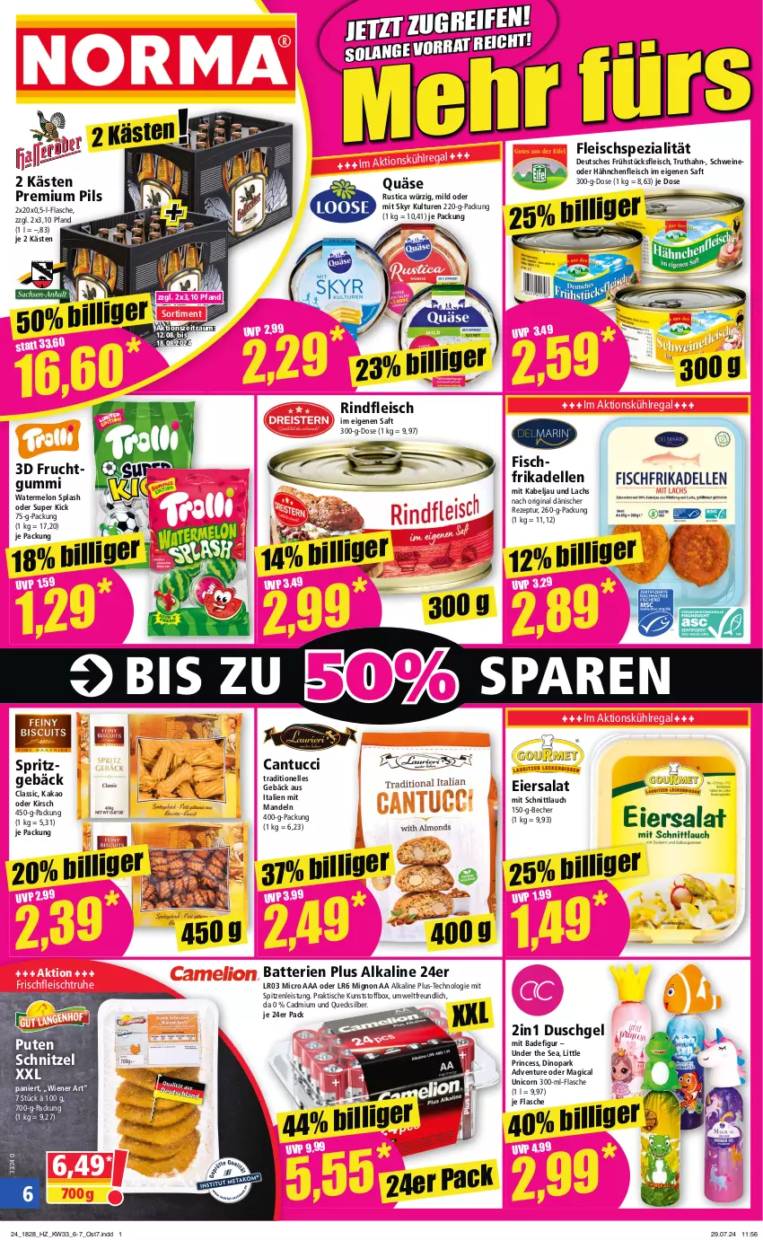 Aktueller Prospekt Norma - Norma - von 12.08 bis 19.08.2024 - strona 6 - produkty: Bad, batterie, batterien, Becher, dell, duschgel, eier, eiersalat, eis, elle, fisch, flasche, fleisch, frikadellen, frucht, fruchtgummi, frühstücksfleisch, gin, Hähnchenfleisch, kakao, kirsch, kühlregal, lachs, mandel, mandeln, pils, premium pils, pute, quäse, regal, rezept, rind, rindfleisch, Rindfleisch im eigenen saft, saft, salat, schnittlauch, schnitzel, schwein, schweine, Skyr, Spezi, Ti, tisch, truthahn, tuc, wein, weine, wiener