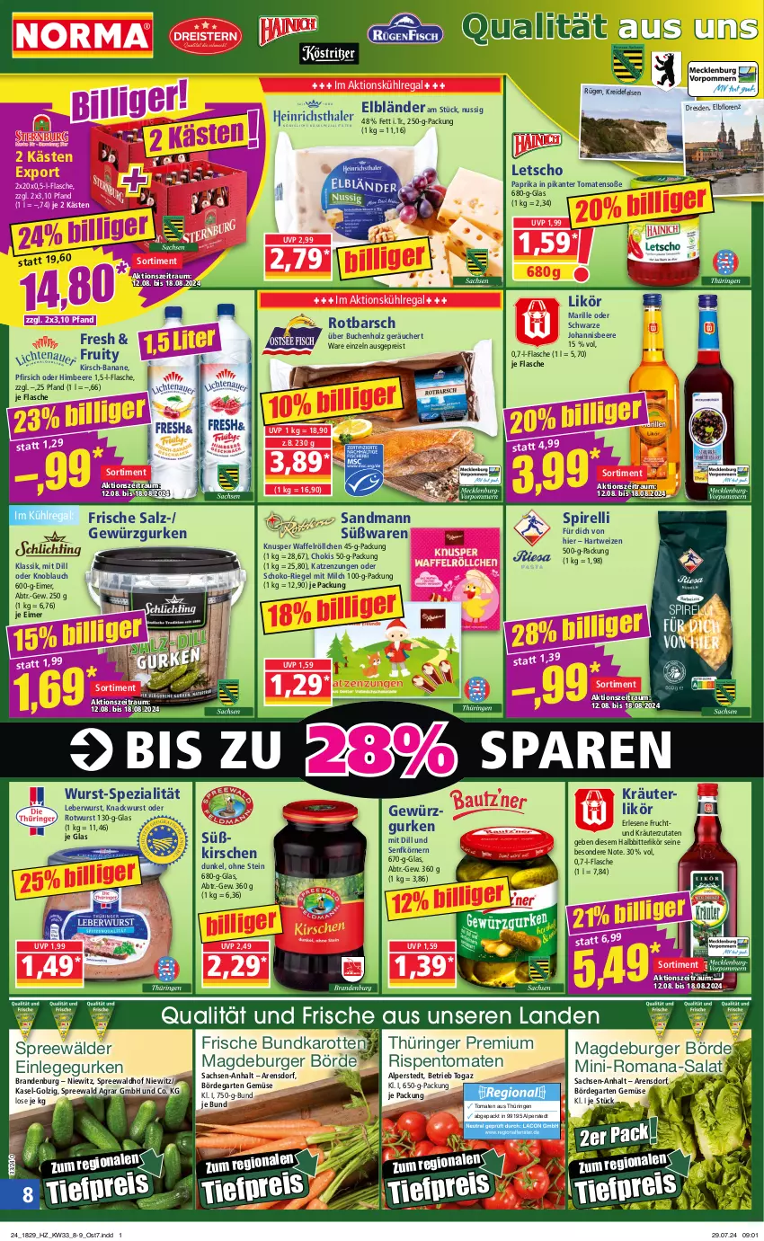 Aktueller Prospekt Norma - Norma - von 12.08 bis 19.08.2024 - strona 8 - produkty: banane, beere, buch, burger, eimer, eis, flasche, frucht, Garten, gewürz, Gewürzgurke, gewürzgurken, gurke, gurken, hartweizen, himbeer, himbeere, Holz, johannisbeere, karotten, Käse, kirsch, kirsche, kirschen, kräuter, kräuterlikör, Kreide, kühlregal, leberwurst, Letscho, likör, lorenz, milch, ndk, nuss, paprika, pfirsich, regal, reis, rel, riegel, ring, rispentomaten, Rotbarsch, Rotwurst, sac, salat, salz, schoko, senf, Soße, Spezi, spreewälder, spreewaldhof, Ti, tiefpreis, tomate, tomaten, Waffelröllchen, wurst