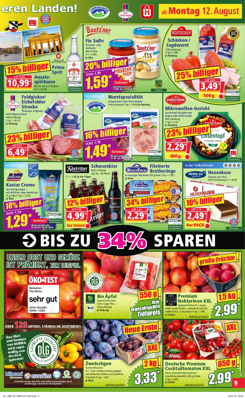 Aktueller Prospekt Norma - Norma - von 12.08 bis 19.08.2024 - strona 9 - produkty: Berger, bier, bierschinken, bio, Bratheringe, cocktail, creme, eis, elle, erde, filet, Filetierte Bratheringe, flasche, früchte, Gewächshaus, gin, hering, Herings, jagdwurst, knoblauch, Königsberger Klopse, korb, kühlregal, LG, linsen, marinade, mikrowelle, möhren, Nektar, nektarinen, obst, Obst und Gemüse, regal, reis, ring, Schal, Schale, schinken, senf, Senfsoße, Soße, Spezi, Ti, tiefpreis, tisch, tomate, tomaten, topf, und gemüse, wurst